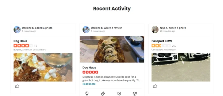 Screenshot of Yelp's front page featuring most recent reviews of local businesses with customer stars and photos