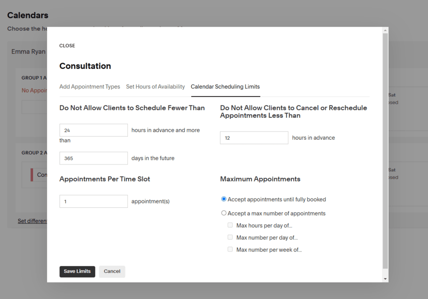 Calendar scheduling limits pop up in Acuity Scheduling