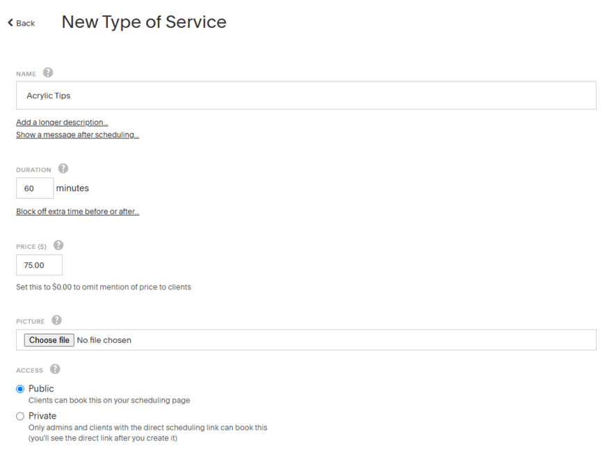 Form to add a new appointment in Acuity Scheduling