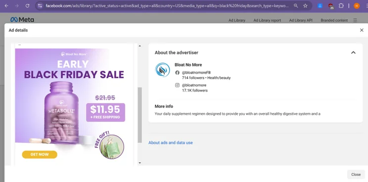 Screenshot of Bloat No More's Black Friday as displayed on Meta's ad directory