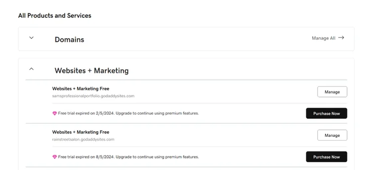 Screenshot of GoDaddy's Dashboard page with options to manage a site, domains, and marketing
