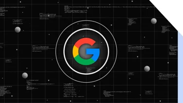 Google logo floating in front of a black background with tech styling