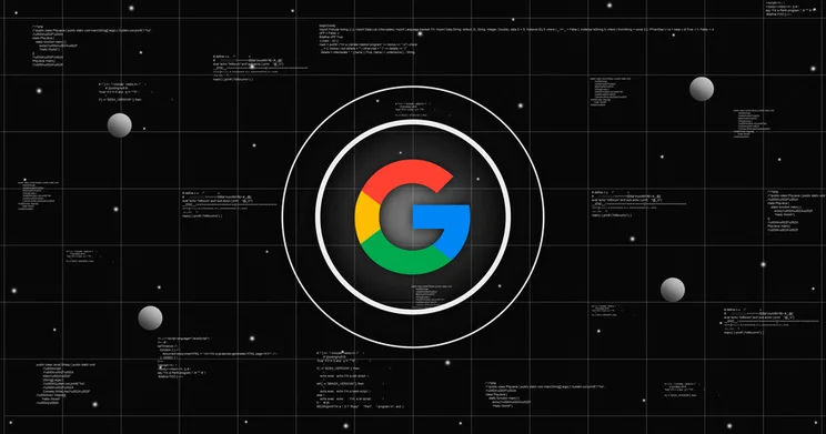 Google logo floating in front of a black background with tech styling