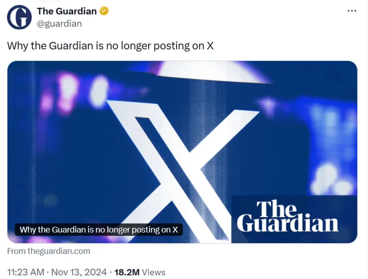 Guardian post on X sharing their article about leaving X