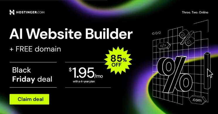 Hostinger promotional graphic offering 85% off its AI Website Builder for Black Friday