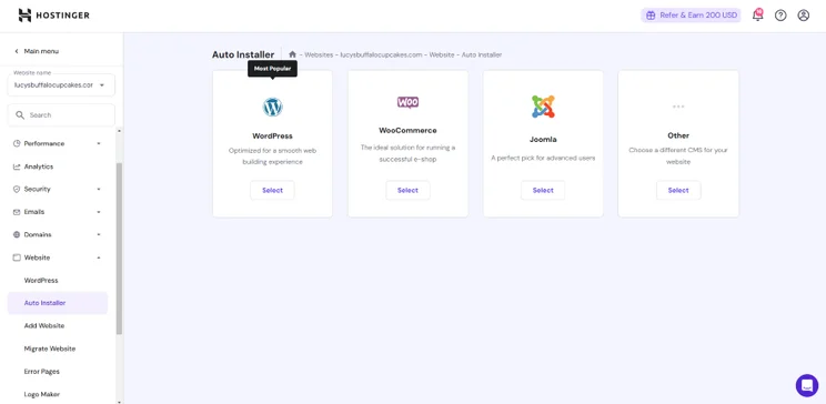 Screenshot of plugins available from the Hostinger dashboard like WordPress and WooCommerce