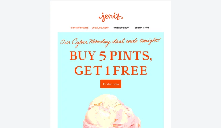 Screenshot of a Cyber Monday newsletter for an ice cream parlour, Jeni's', offering 5 pints get 1 free