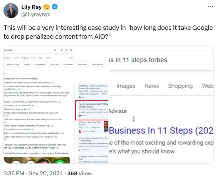 Post by Lily Ray on X about Forbes Advisor appearing in AI Overviews