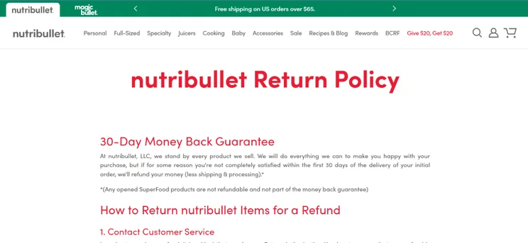 Screenshot of a returns page on Nutribullet's website
