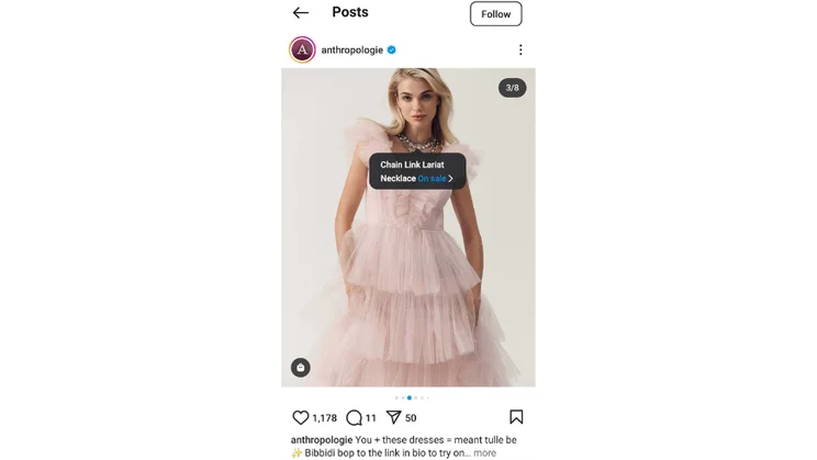 Screenshot of an Instagram shoppable post with a clickable link to a pink tulle dress