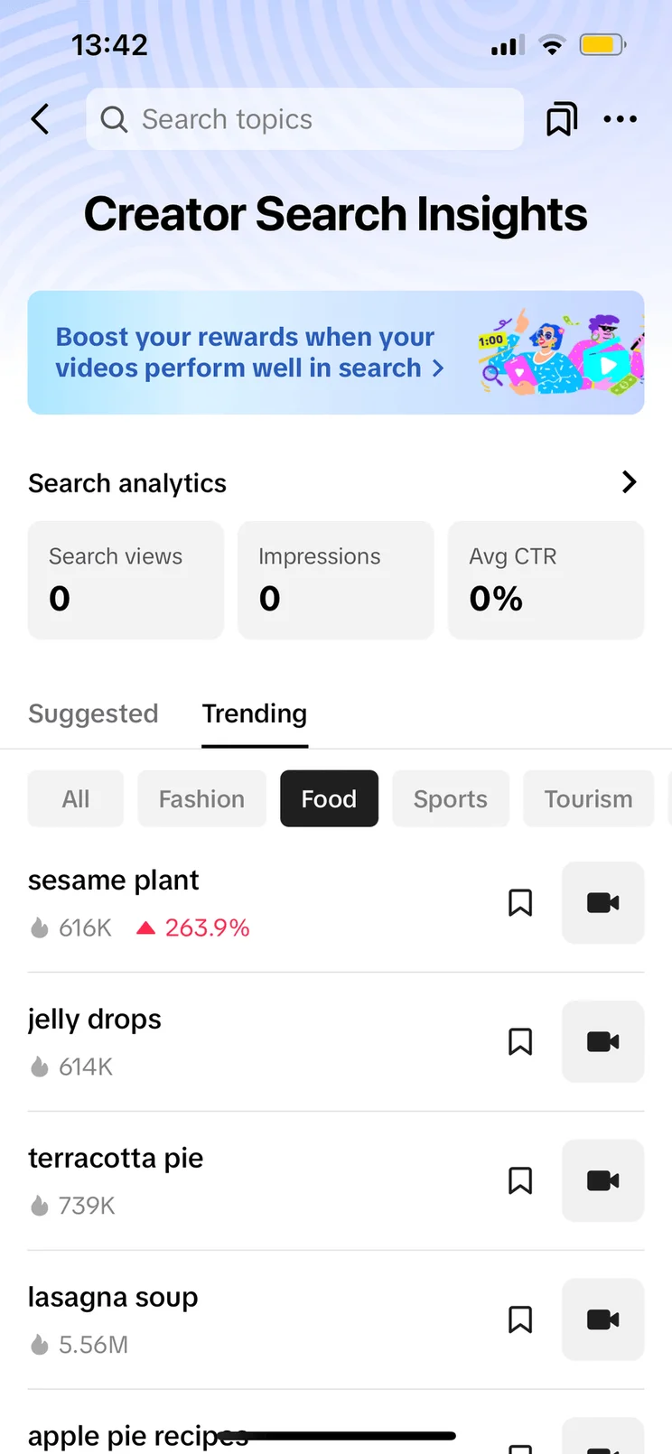 Creator search insights view in TikTok showing trending content under the "Food" category