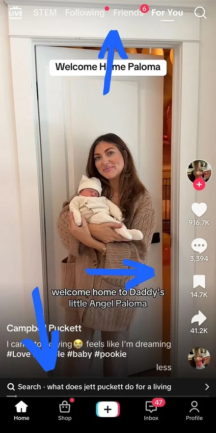Screenshot of TikTok page with three arrows