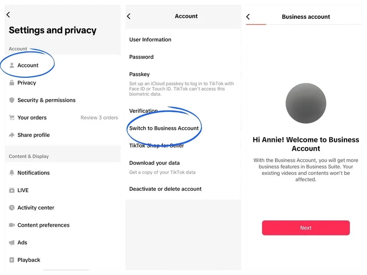 Three screenshots showing how to switch TikTok account