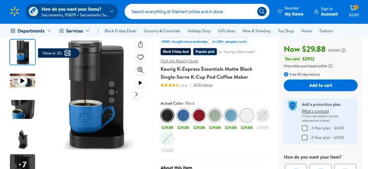 Screenshot of a Walmart product page for a coffee machine with product tags and color options