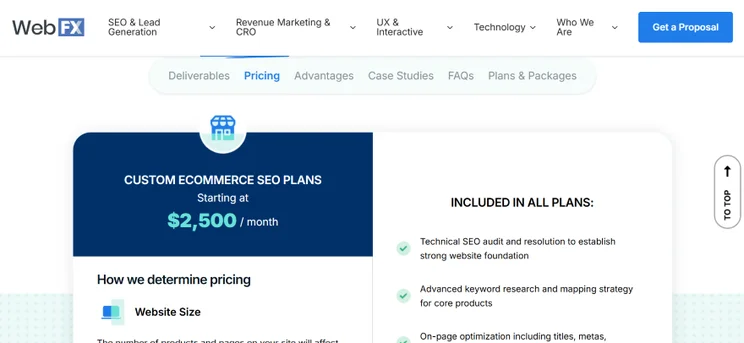 Screenshot of WebFX's monthly SEO Package for ecommerce stores