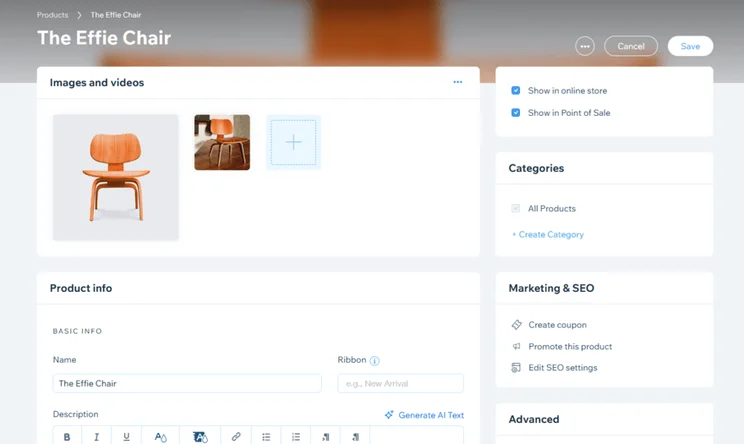Product page to add new products in Wix