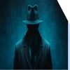 Silhouette of a man in a black fedora hat and suit