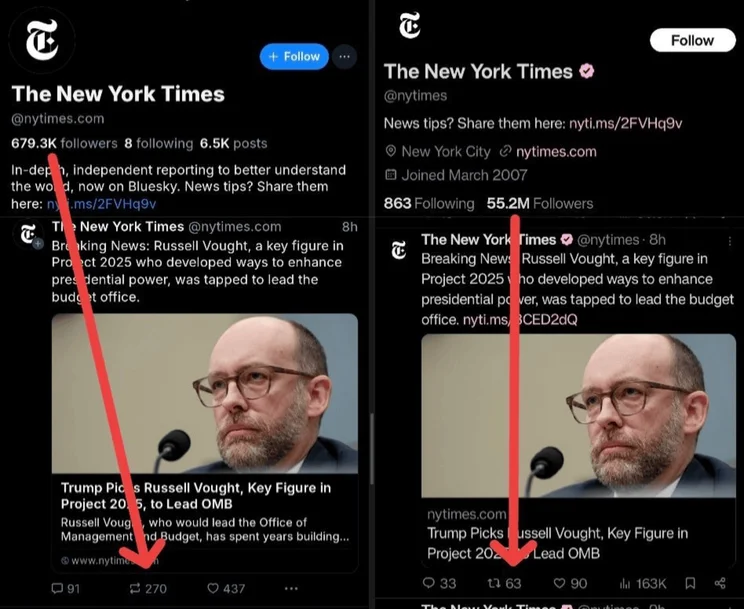 side by side of New York Times post on bluesky vs X