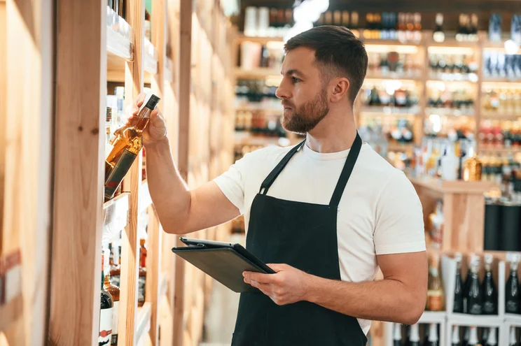 Male employee in an apron placing a bottle of alcohol on to a shelf