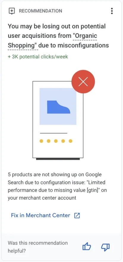 Merchant center recommendation example