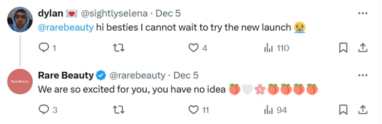 Rare Beauty responding to a customer in an X thread