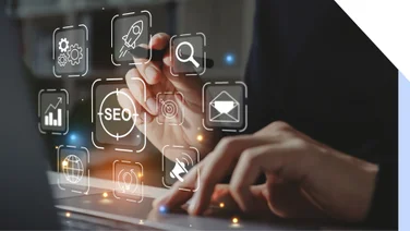 Hand pointing at floating SEO-related icons