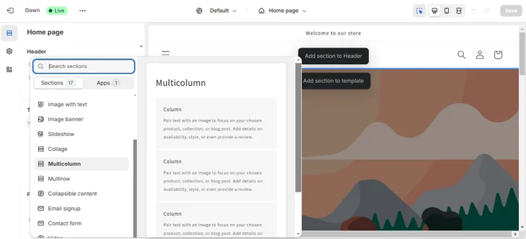 Screenshot of Shopify's editor listing the different section options