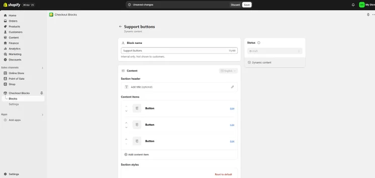 Screenshot of adding a support block to checkout via Shopify's dashboard