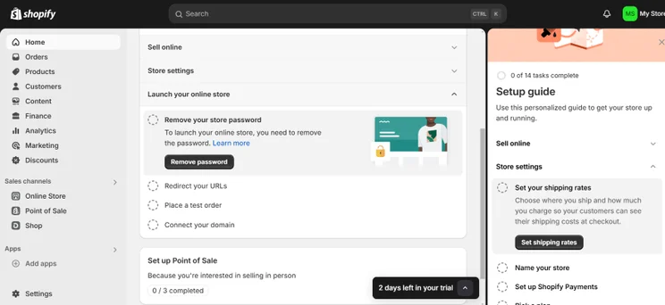 Screenshot of Shopify's dashboard with setup guide steps