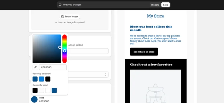 Screenshot of Shopify Email's email editor with design options such as changing color