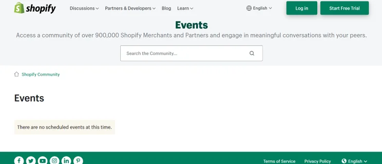 Screenshot of the Shopify Events Page showcasing no upcoming events