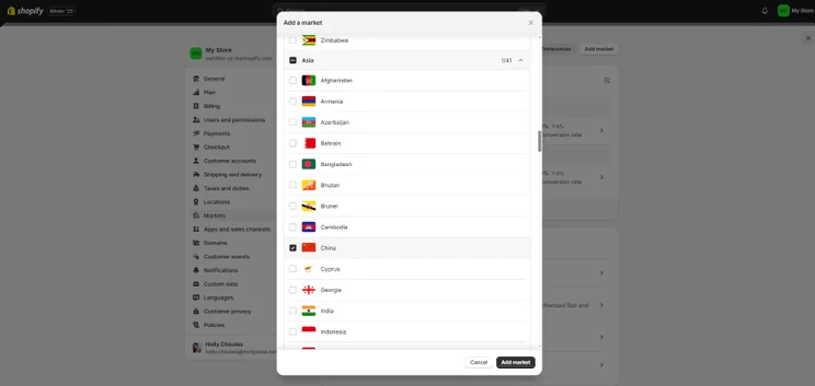 Screenshot of the "Markets" tab from Shopify's dashboard showcasing a list of 209 international markets
