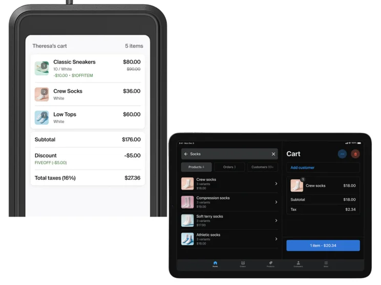 Screenshot of Shopify POS screens showcasing checkout and cart screens from the user pov