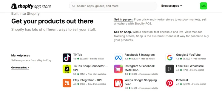 Screenshot of Shopify App Store with list of apps to download to expand sales channels
