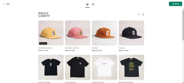 Screenshot of a Shopify theme demo showcasing item listings in a grid format