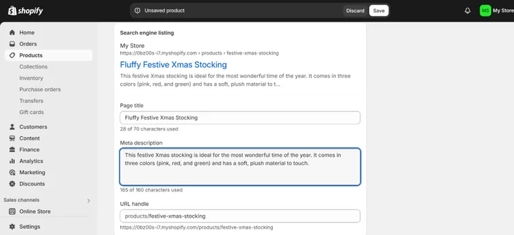 Screenshot of adding meta titles and custom URL to a Shopify product listing from the dashboard