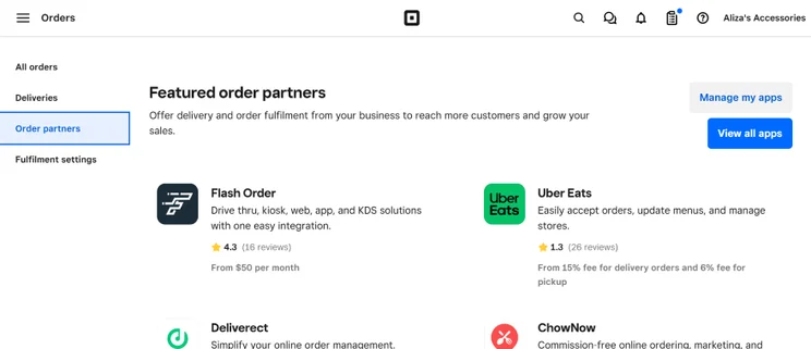 Screenshot of Square Online's dashboard and a list of order partners to work with like Uber Eats