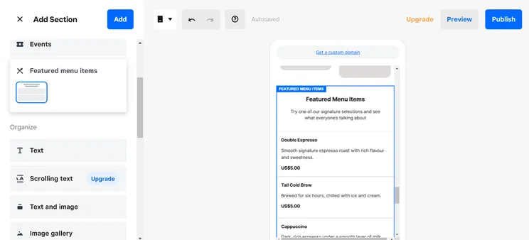Screenshot of adding a new menu section to a site from Square Online's editor