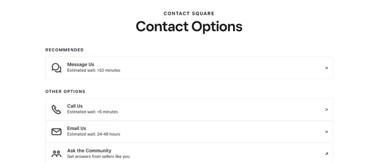 Screenshot of Square Online's support page with different ways to contact staff