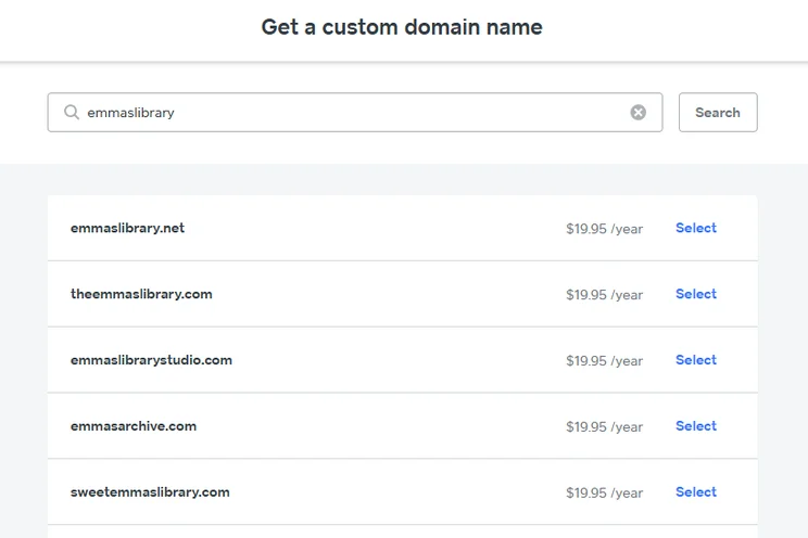 Square Online domain name pricing for the search "emmaslibrary"