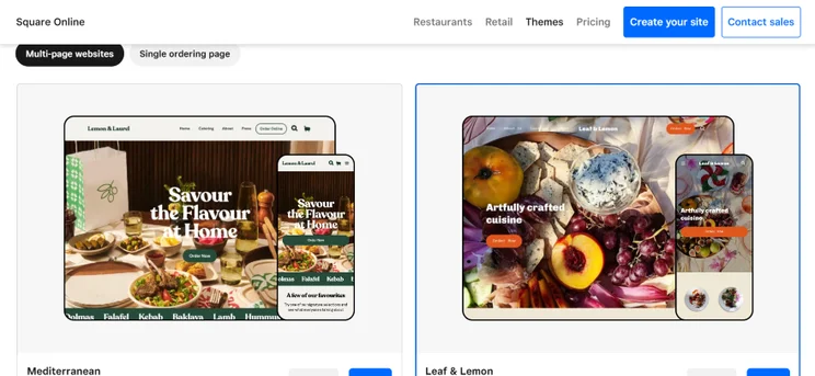 Screenshot of Square Online's theme store with restaurant themes