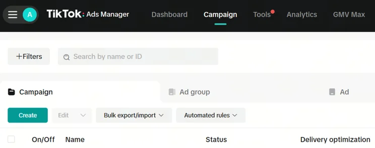 Campaigns tab on tiktok ads manager