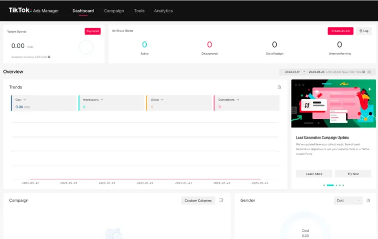 TikTok ads manager dashboard showing overview and trends