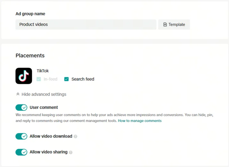 TikTok ad placement options and advanced settings