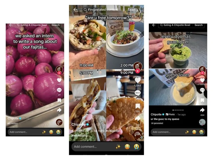 Screenshot of Chipotle TikTok's showcasing its memes