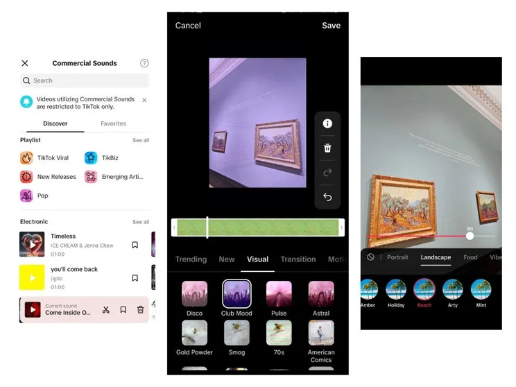 Screenshots of TikTok's editor showcasing visual effects like transitions, filters, and sounds