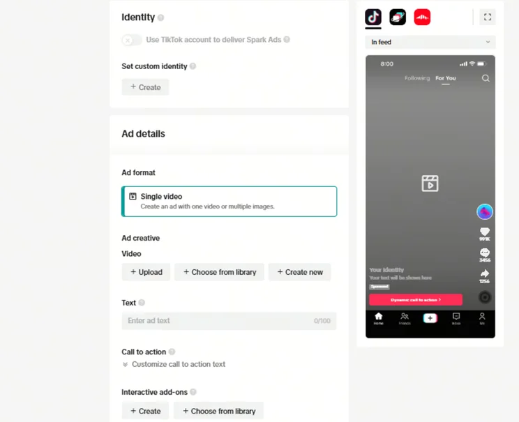 TikTok create an ad settings