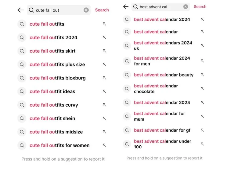 Screenshot of TikTok's search function and two lists of its predicted searches for "cute fall outfit"