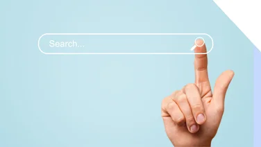 hand pointing to a search bar on a blue background