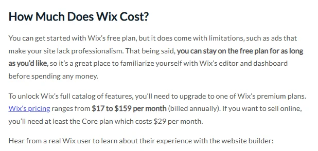 Content from Website Builder Expert's Wix pricing page to highlight an anchor text example